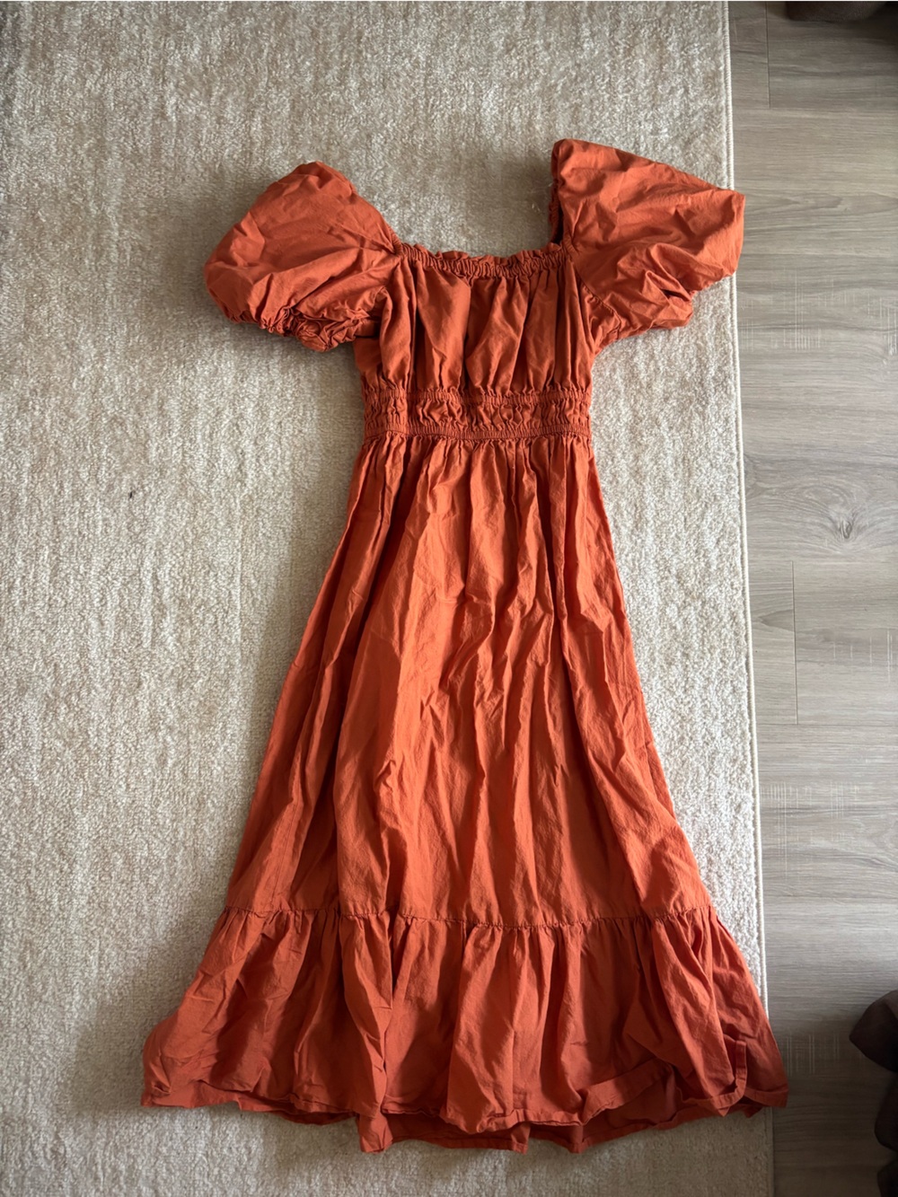 Rust Orange Puff-Sleeve Midi Dress with Smocked Waist